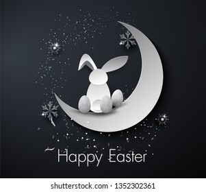 white rabbit Easter day egg on the moon and black background.