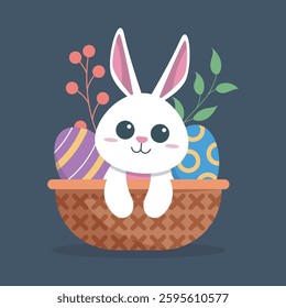 white rabbit in the Easter egg basket in isolated flat design