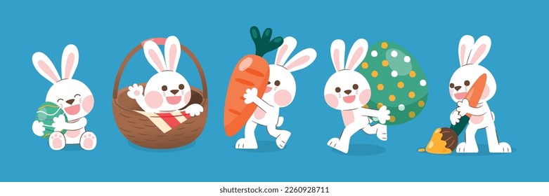 White Rabbit With Easter Egg, Caarot, Basket And Paint Brush, Vector, Illustration