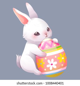 White rabbit and Easter egg, on gray background, Vector illustration