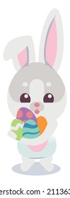 White rabbit with easter egg. Spring holiday mascot