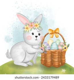 white rabbit with an Easter egg Watercolor illustration