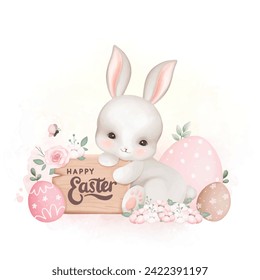 White Rabbit with Easter Eggs at the Garden full of Flowers
