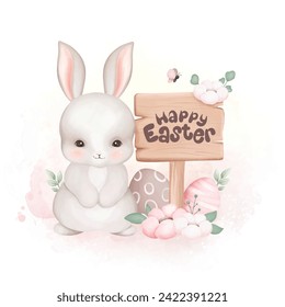 White Rabbit with Easter Eggs at the Garden full of Flowers