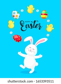 White rabbit with Easter eggs and little chick. Cute bunny. Cartoon character design,  vector illustration isolated on blue background.