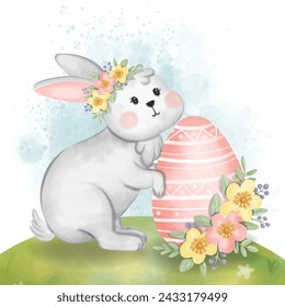 white rabbit with Easter eggs Watercolor illustration