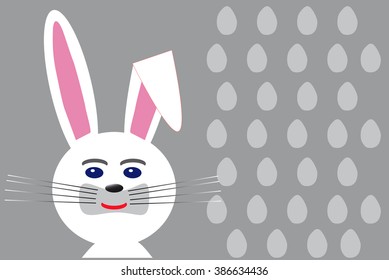 White rabbit or Easter hare on a grey background with eggs pattern