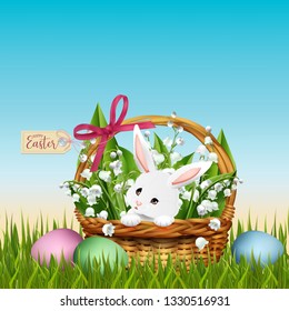 White rabbit in Easter wicker basket with colorful eggs and Lilly of the Valley. Vector illustration