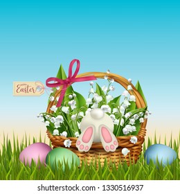 White Rabbit In Easter Wicker Basket With Colorful Eggs And Lilly Of The Valley. Vector Illustration