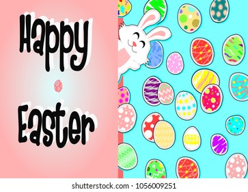 white rabbit and egg on blue back ground,bunny behind the pink poster, Happy easter concept,Holidays vector.
