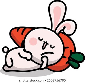 The white rabbit fell asleep on an orange carrot