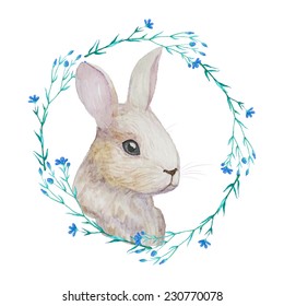 White Rabbit In Floral Wreath. Watercolor Easter Art Print. Vector Hand Drawn Illustration In Vintage Style.