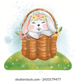 white rabbit in a flower basket Watercolor illustration