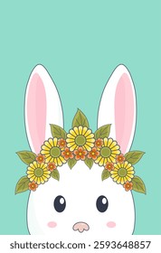 White rabbit with flower crown illustration.Easter bunny on pastel green background. Spring wallpaper. SstkEaster.