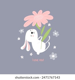 Conejo blanco con flor en sus patas en una ilustración de fondo gris. Dibujado a mano lindo personaje de dibujos animados. Elementos de Vector para estampados de cartón, primavera o verano.