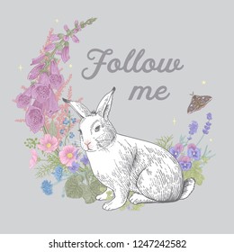 White rabbit. Flower wreath. Vintage classic illustration. Follow me. Pastel color
