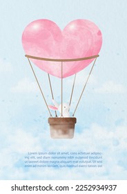 White rabbit flying on sky with heart shape hot air balloon in watercolors style and example texts on blue paper pattern background. Valentine greeting card in vector design.