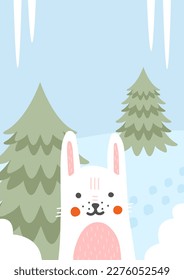 White rabbit in forest banner. Flora and fauna, biology and wild life. Design element for greeting or invitation postcard. Cute hare at background of Christmas tree. Cartoon flat vector illustration