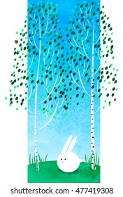 White rabbit in the forest it sits in a clearing among the birches
