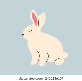 White Rabbit hand drawn. Minimalistic illustration with Hare sitting in doodle style. Cute character Bunny with big ears in flat style for decorating Easter cards and posters.