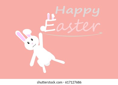 white rabbit hanging with text on pink background design.vector and illustration
