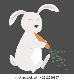White rabbit or hare with carrot isolated on a grey background. Vector illustration of the symbol of 2023.