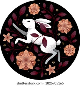 
White rabbit or hare jumping in flowers and leaves. Round vector illustration for a plate or t-shirt. Animal sketch in dark style.