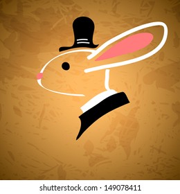 White rabbit in a hat and coat on old paper