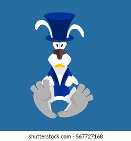 White Rabbit in Hat. Hare in blue vest. Alice in Wonderland