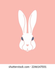 White Rabbit. The head of a white rabbit with long ears and blue eyes. Vector illustration isolated on a pink background. Sticker, postcard, invitation for Easter holiday decor.