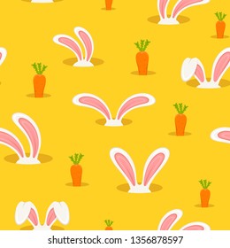 White rabbit heads with ears in the hole and carrot on a yellow background. Seamless holiday pattern with bunny, illustration.