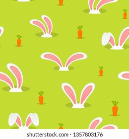 White rabbit heads with ears in the hole and carrot on a green background. Seamless holiday pattern with bunny, illustration.