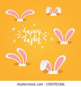 White rabbit heads with pink ears in the hole and lettering Happy Easter on a orange background, illustration.