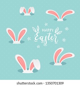 White Rabbit Heads With Pink Ears In The Hole And Lettering Happy Easter On A Blue Background, Illustration.