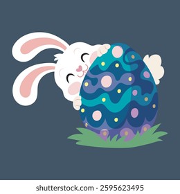 white rabbit hiding behind big easter egg in isolated flat design