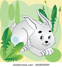 white rabbit hiding under a dandelion