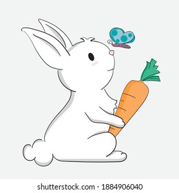 A white rabbit holding a carrot with butterfly. vector illustrator Minimalist cartoon style. Happy Easter Bunny doodle cartoon.