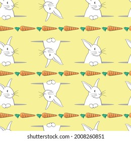 A white rabbit holding a carrot with snow seamless pattern. vector illustrator Minimalist cartoon style. design for fashion, fabric, wallpaper and all prints.