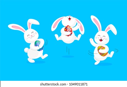 White rabbit holding Easter egg, jumping and dancing . Cute bunny. Happy Easter day, cartoon character design. Illustration isolated on blue background.