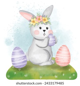 white rabbit holding an Easter egg Watercolor illustration