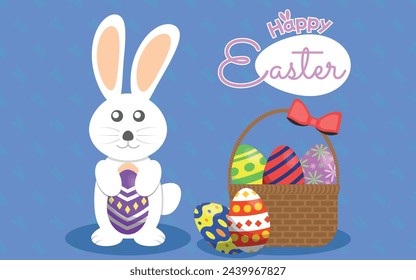 Conejo blanco sosteniendo una ilustración plana de huevo de Pascua con la cesta de huevos de Pascua y feliz logotipo de Pascua Mensaje