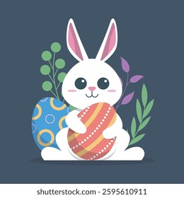 white rabbit holding red easter egg in isolated flat design