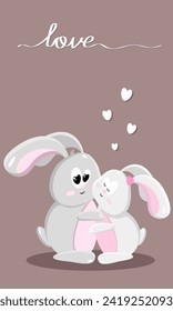 White rabbit hugs. Hearts and an inscription of love on a dark background. Girl and boy. Vertical. Vector. Postcard.