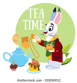 White Rabbit hurrying to the mad tea party. Illustration to the fairy tale Alice's Adventures in Wonderland. Template with place for text.