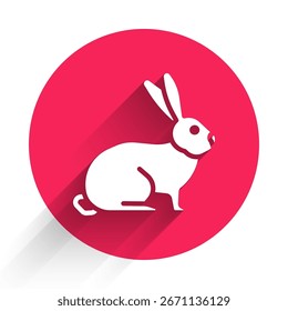 White Rabbit icon isolated with long shadow. Red circle button. Vector