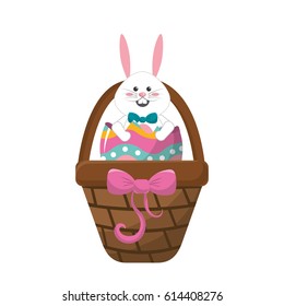 white rabbit inside egg and brown hamper