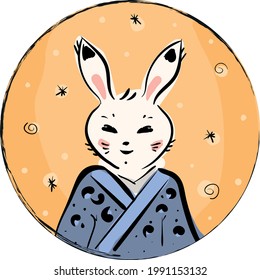 White rabbit in the Japanese style in a blue kimono. Round rabbit patch