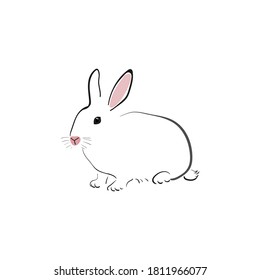 White rabbit in japanese style on a white background. Bunny in simple style. Animal sketch.