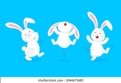 White rabbit jumping and dancing. Cute bunny. Happy Easter day, cartoon character design. Illustration isolated on blue background.
