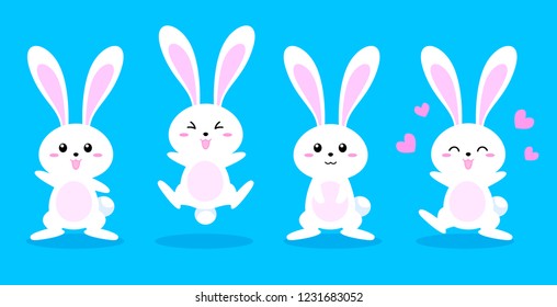 White rabbit jumping and dancing. Cute bunny. Happy Easter day, cartoon character design. Illustration isolated on blue background.